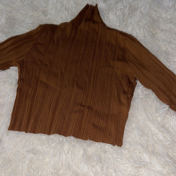ZARA Ribbed Stretch Knit Long Sleeve High Neck Crop Top Caramel Brown - Picture 5 of 5